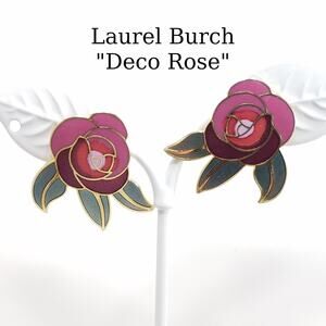 Vintage Laurel Burch "Deco Rose" Earrings, Gold Cloisonne Posts, Gold Plated